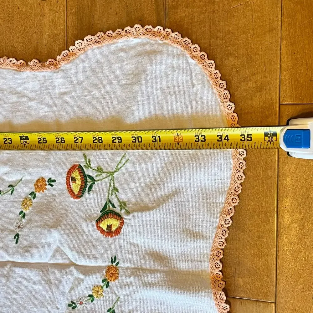 Vintage Hand Embroidered Floral Tablecloth 35x39.5 White Cotton Lace Edge Flower